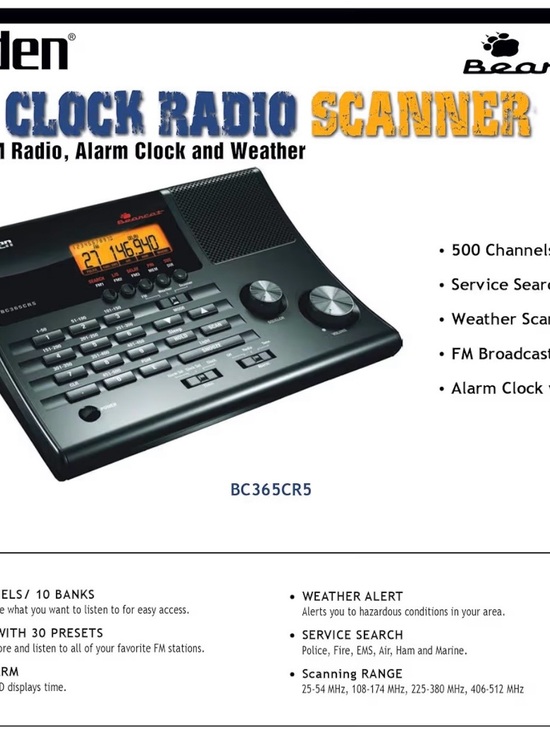 Uniden Other - BearDen BC365CR5 Black Clock Radio Scanner with Alarm and Weather